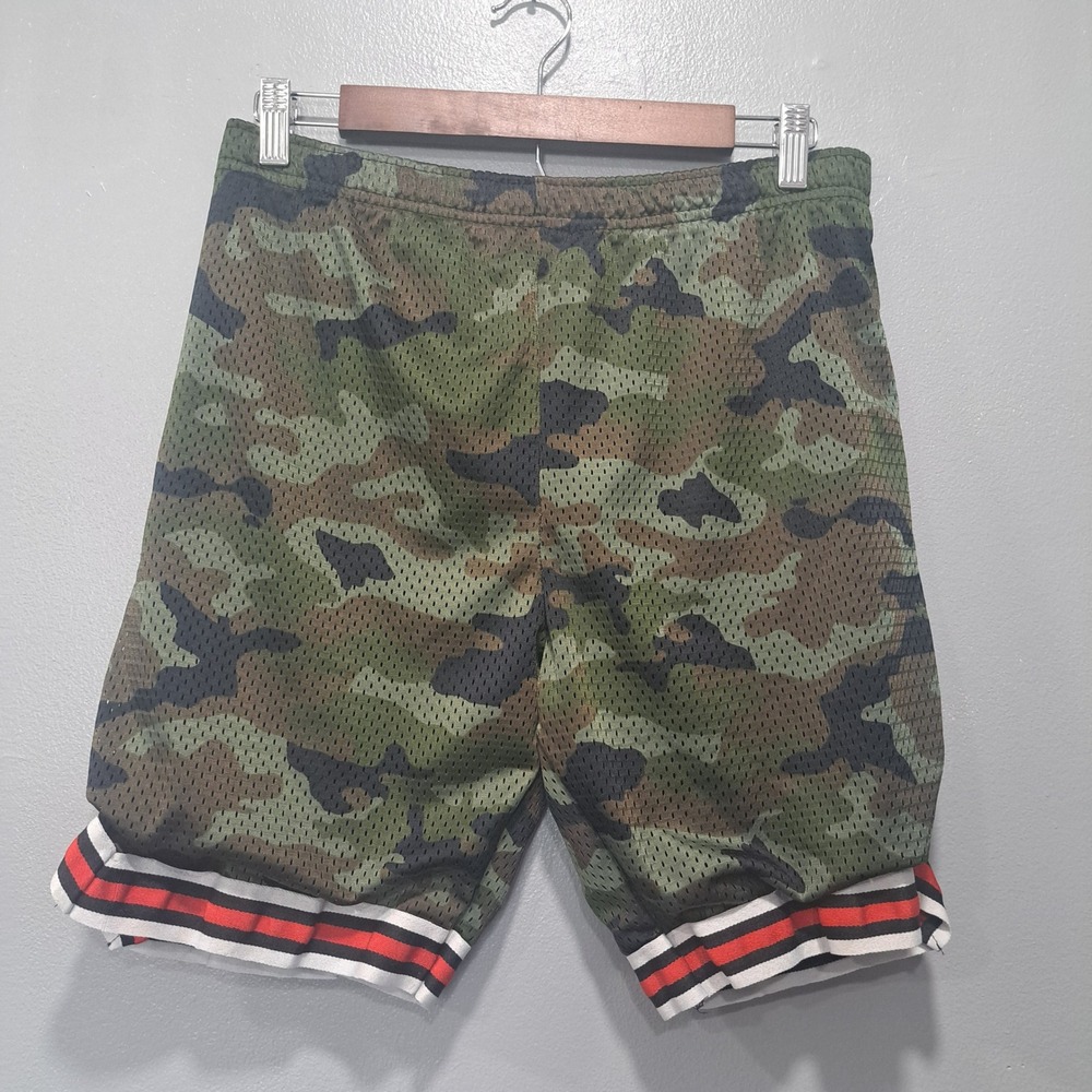 Mad Game Boys Camo Mesh Basketball Shorts Green Camouflage Striped Trim XL 16/18